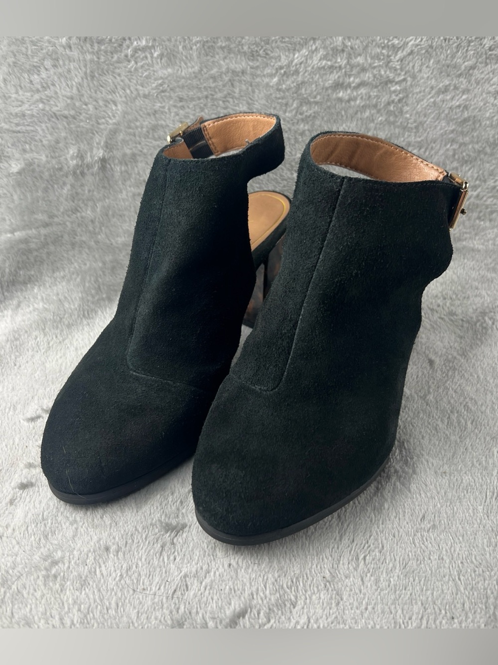 Vionic Lacey Tortoise Heeled Bootie Women 8.5 Black Suede Ankle Open Slingback
